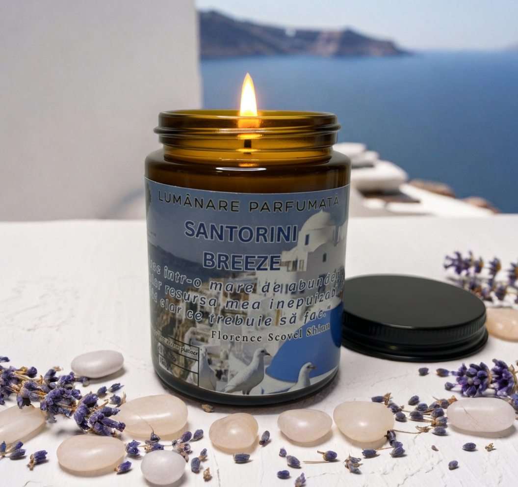 Lumânare parfumată "Santorini Breeze"-sare marină, nufăr, lemn plutitor-150g