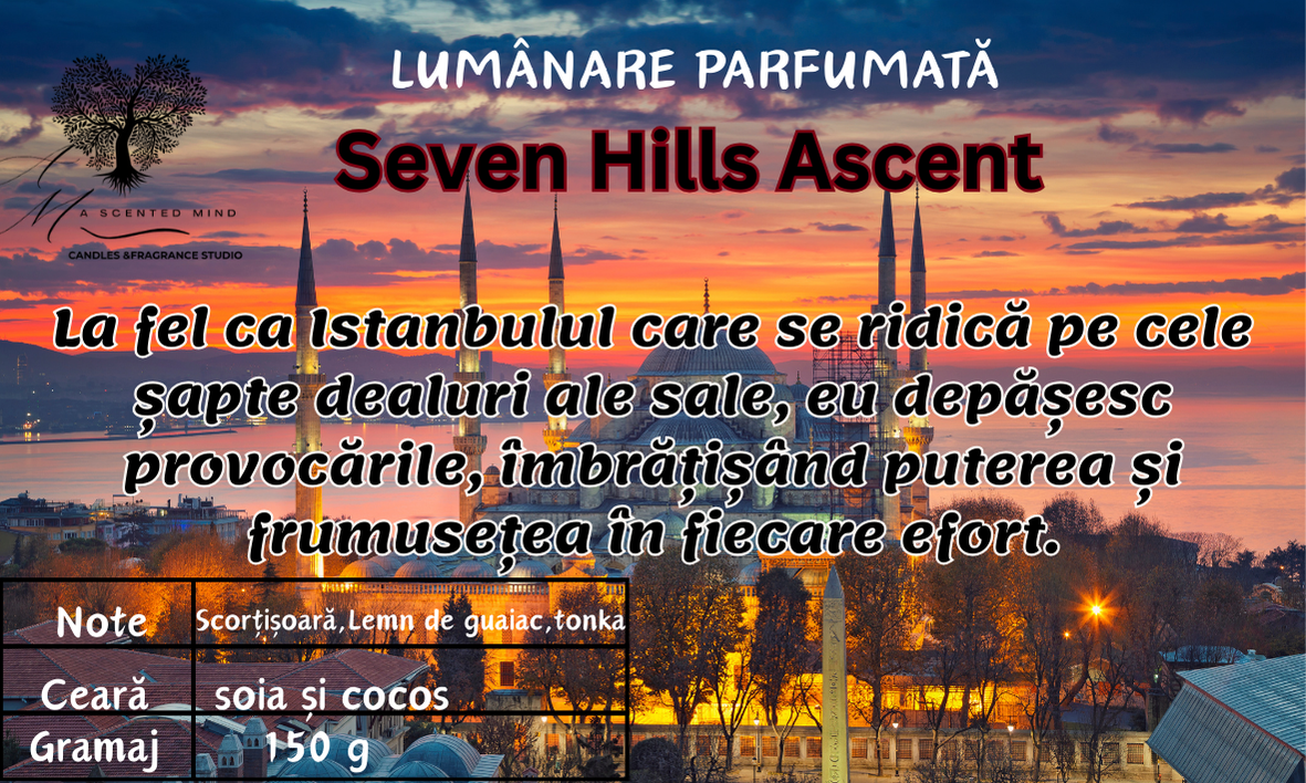 Lumânare parfumată "Seven Hills Ascent"- Scorțișoară,Lemn de guaiac,tonka-150g