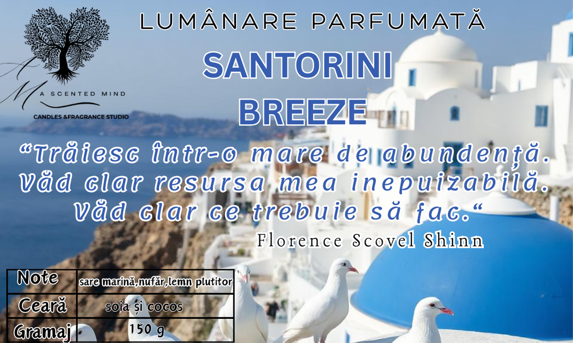 Lumânare parfumată "Santorini Breeze"-sare marină, nufăr, lemn plutitor-150g
