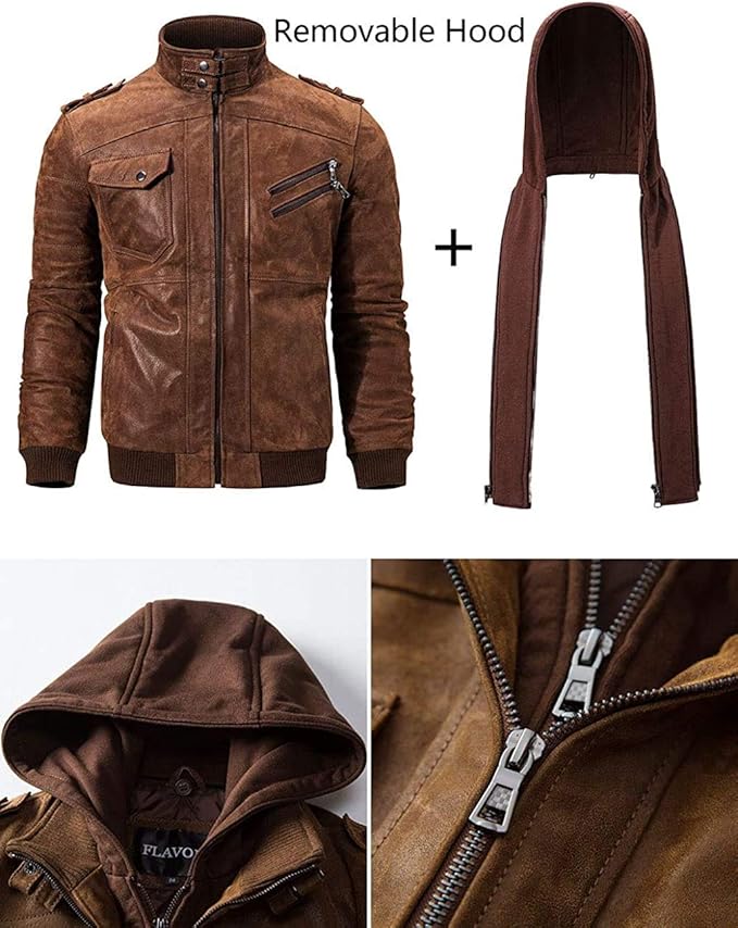  Men Brown Leather Motorcycle Jacket with Removable Hood