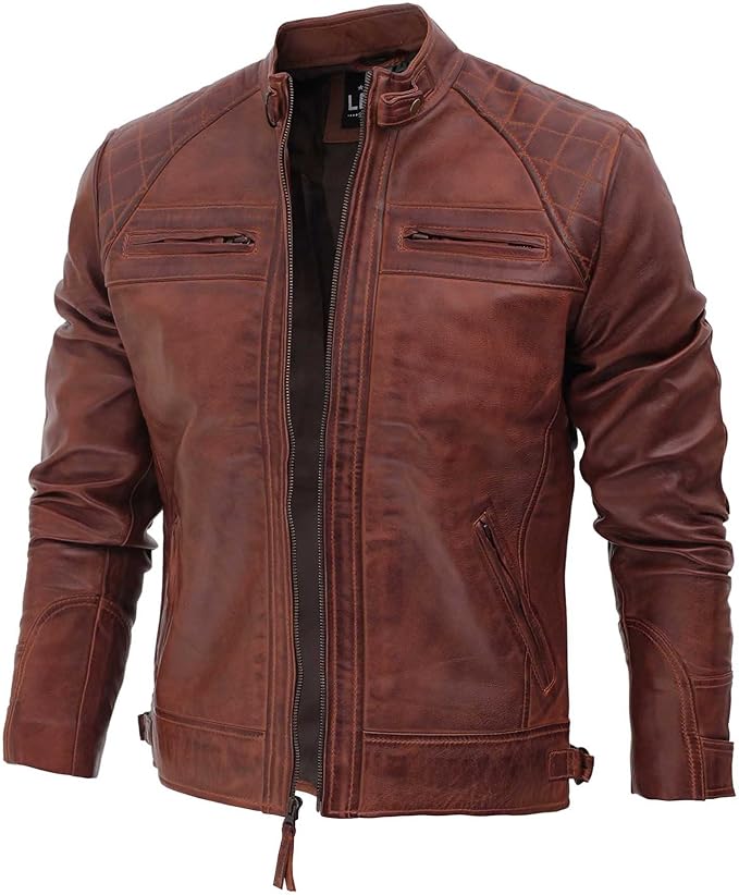 Real Lambskin Leather Biker Jacket - Quilted Cafe Racer Zip Up Moto Jackets Men