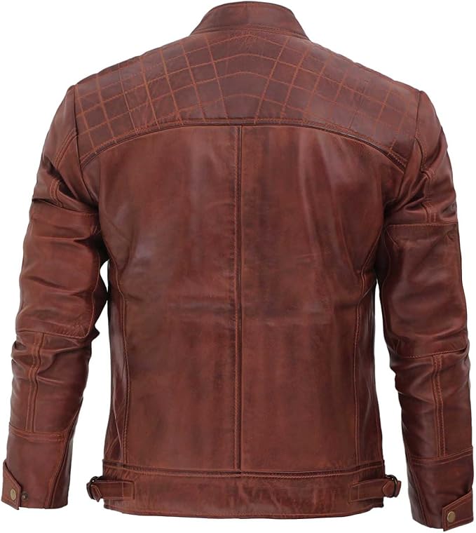 Real Lambskin Leather Biker Jacket - Quilted Cafe Racer Zip Up Moto Jackets Men