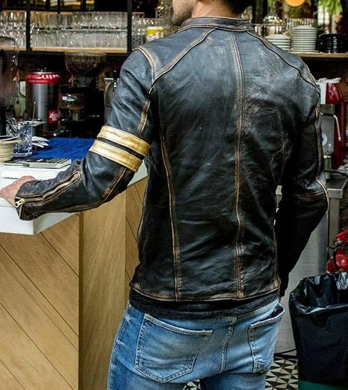 Mens Vintage Cafe Racer Motorcycle Distressed Biker Leather Jacket