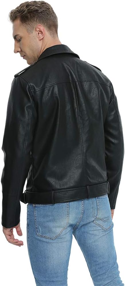 FAUX Leather Jackets for Men, Faux Bomber Jacket Men Motorcycle Lapel Asymmetric Zip-Up Blet Slim Fit Biker Coat