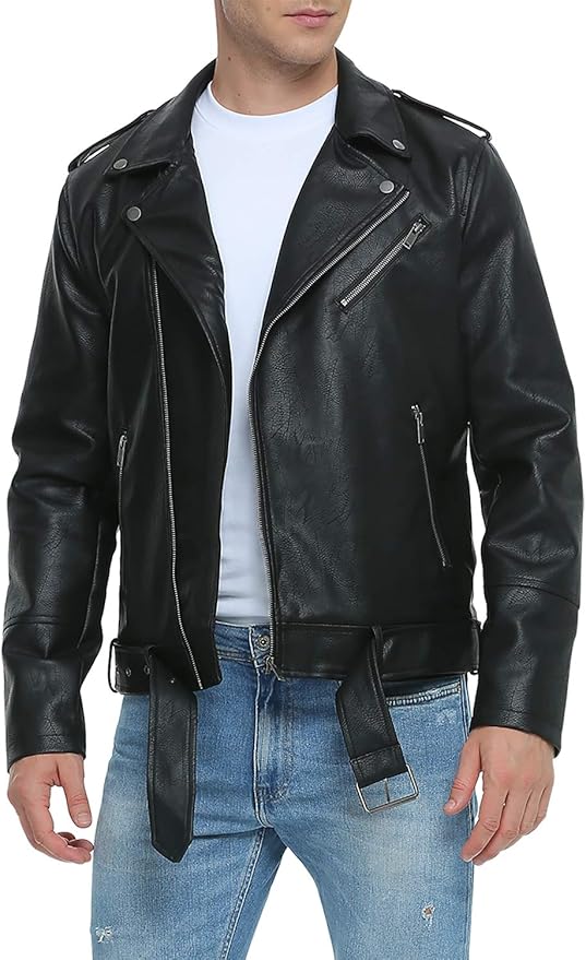 FAUX Leather Jackets for Men, Faux Bomber Jacket Men Motorcycle Lapel Asymmetric Zip-Up Blet Slim Fit Biker Coat
