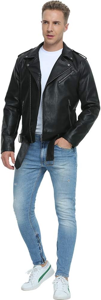 FAUX Leather Jackets for Men, Faux Bomber Jacket Men Motorcycle Lapel Asymmetric Zip-Up Blet Slim Fit Biker Coat
