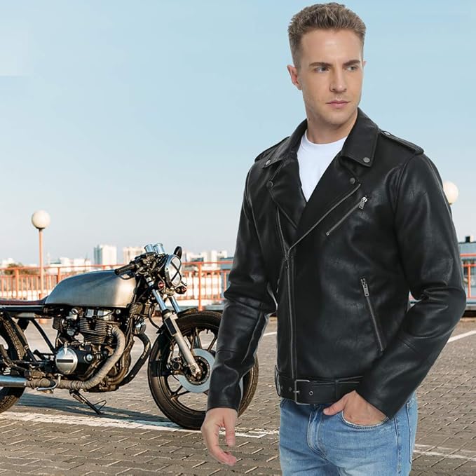 FAUX Leather Jackets for Men, Faux Bomber Jacket Men Motorcycle Lapel Asymmetric Zip-Up Blet Slim Fit Biker Coat