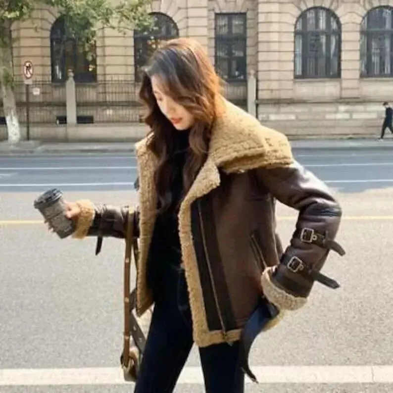 Women's Brown RAF B3 Aviator Faux Fur Lambskin Leather Bomber Jacket Gift