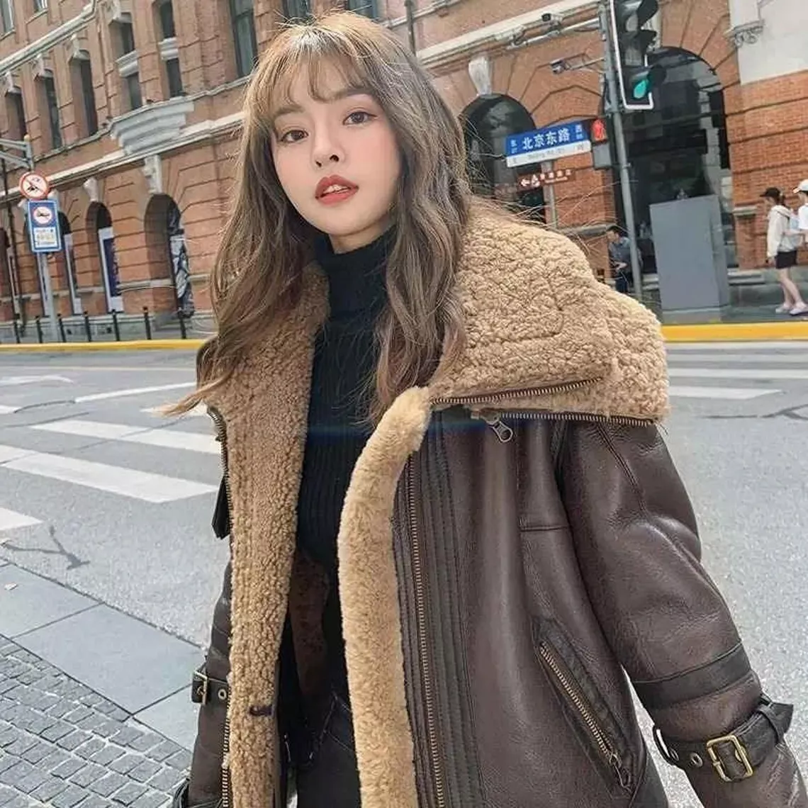 Women's Brown RAF B3 Aviator Faux Fur Lambskin Leather Bomber Jacket Gift