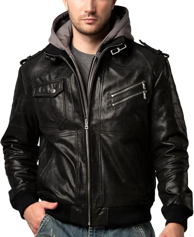  Men Brown Leather Motorcycle Jacket with Removable Hood