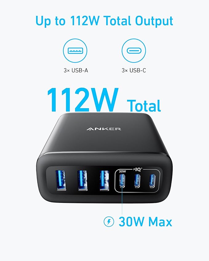 aricatore USB C Anker 112W, stazione di ricarica a 6 porte con uscita da 112 W, per iPhone 16/16 Plus/16 Pro/16 Pro Max/15/14/13, MacBook Air, Pixel, Galaxy, iPad e altri modelli (cavo non incluso)