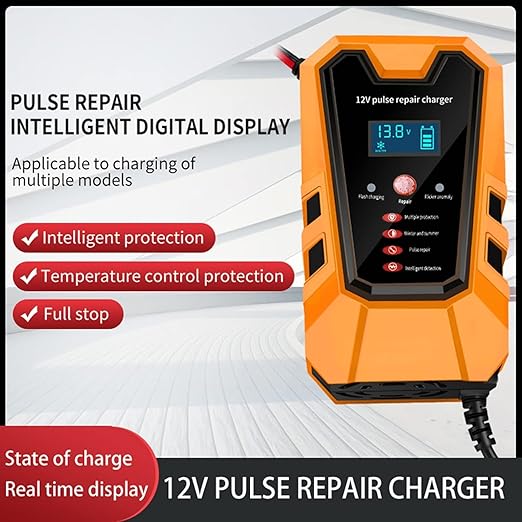 PROODOS Car Battery Charger for Car Accessories | Fully Automatic 6A 12V Bike Battery Charger and Maintainer Suitable for AGM, Gel, SLA, Lead Acid Battery (Orange)