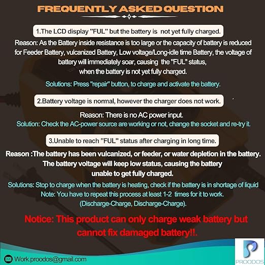 PROODOS Car Battery Charger for Car Accessories | Fully Automatic 6A 12V Bike Battery Charger and Maintainer Suitable for AGM, Gel, SLA, Lead Acid Battery (Orange)