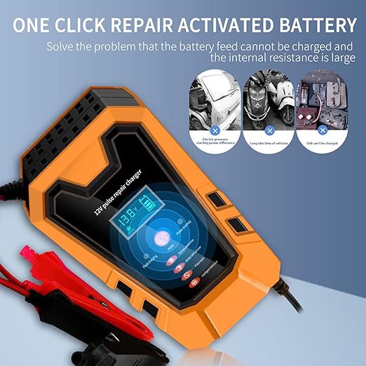PROODOS Car Battery Charger for Car Accessories | Fully Automatic 6A 12V Bike Battery Charger and Maintainer Suitable for AGM, Gel, SLA, Lead Acid Battery (Orange)