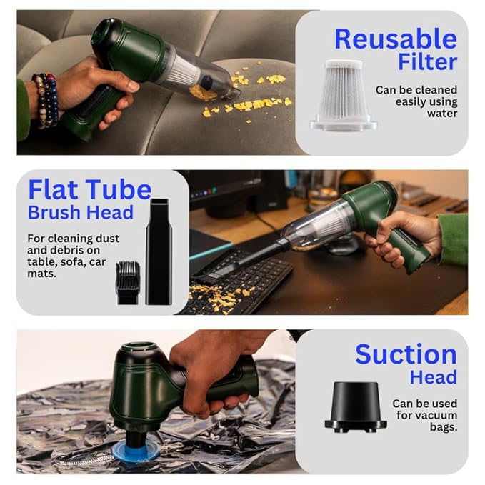 PROODOS Portable Car Vacuum Cleaner with Blower Wireless Car Accessories | 7000Pa Suction Power | 2-in-1 Vacuum & Blower | 120W Power | 42000 RPM | 4000mAh Battery (Green) 6-Months Warranty