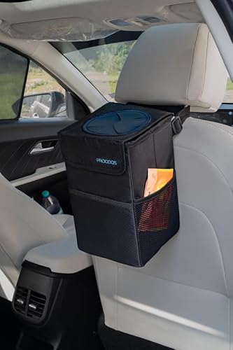 PROODOS Polyester Automobiles Car Dustbin| Car Organizers And Storage | Waterproof Garbage Can With Lid And Storage Pockets | 26X16X15 Cm | Black | Car Accessories Interior