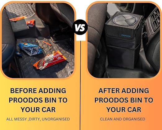 PROODOS Polyester Automobiles Car Dustbin| Car Organizers And Storage | Waterproof Garbage Can With Lid And Storage Pockets | 26X16X15 Cm | Black | Car Accessories Interior
