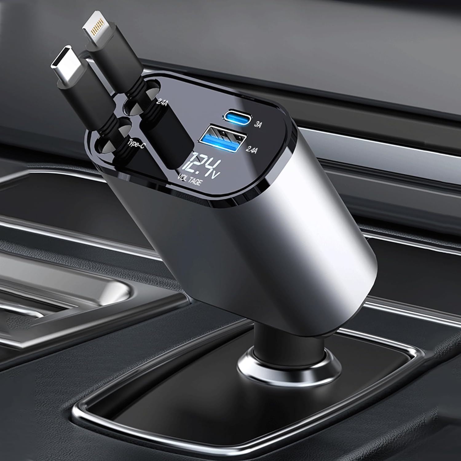 PROODOS Retractable Car Charger with Starlight | 4 in-1 Super Fast Car Charger | Compatible with iPhone and Android | 120 W Retractable Cables 32 Inches
