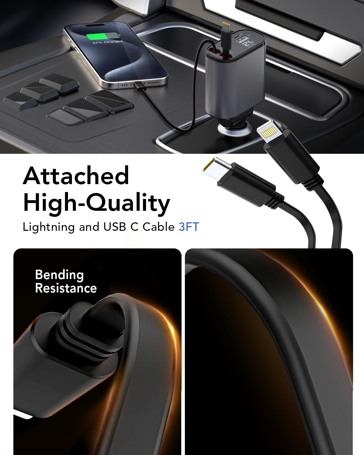 PROODOS Retractable Car Charger with Starlight | 4 in-1 Super Fast Car Charger | Compatible with iPhone and Android | 120 W Retractable Cables 32 Inches