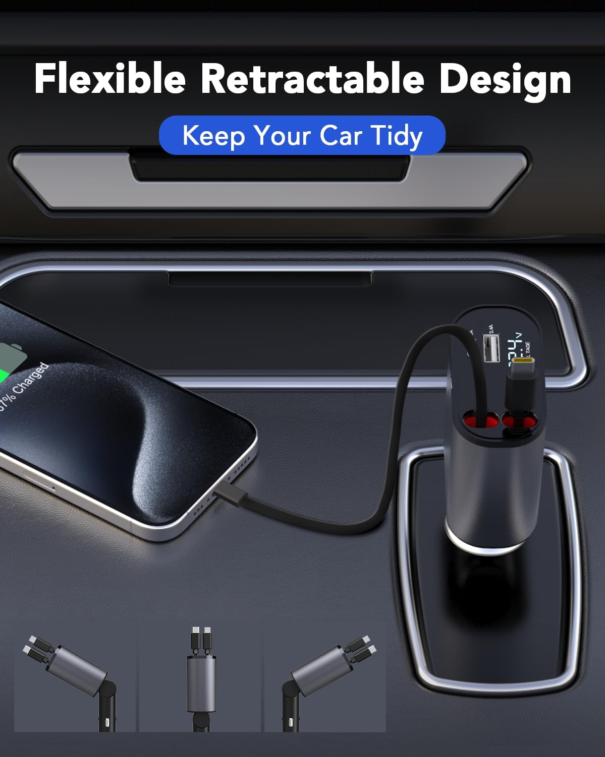 PROODOS Retractable Car Charger with Starlight | 4 in-1 Super Fast Car Charger | Compatible with iPhone and Android | 120 W Retractable Cables 32 Inches
