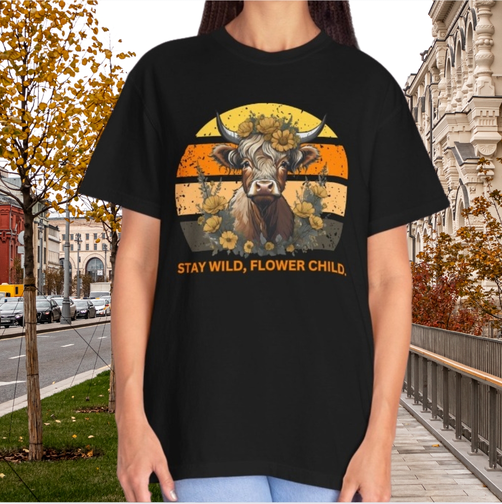 Stay Wild Flower Child Highland Cow Shirt – Retro Boho Graphic Tee