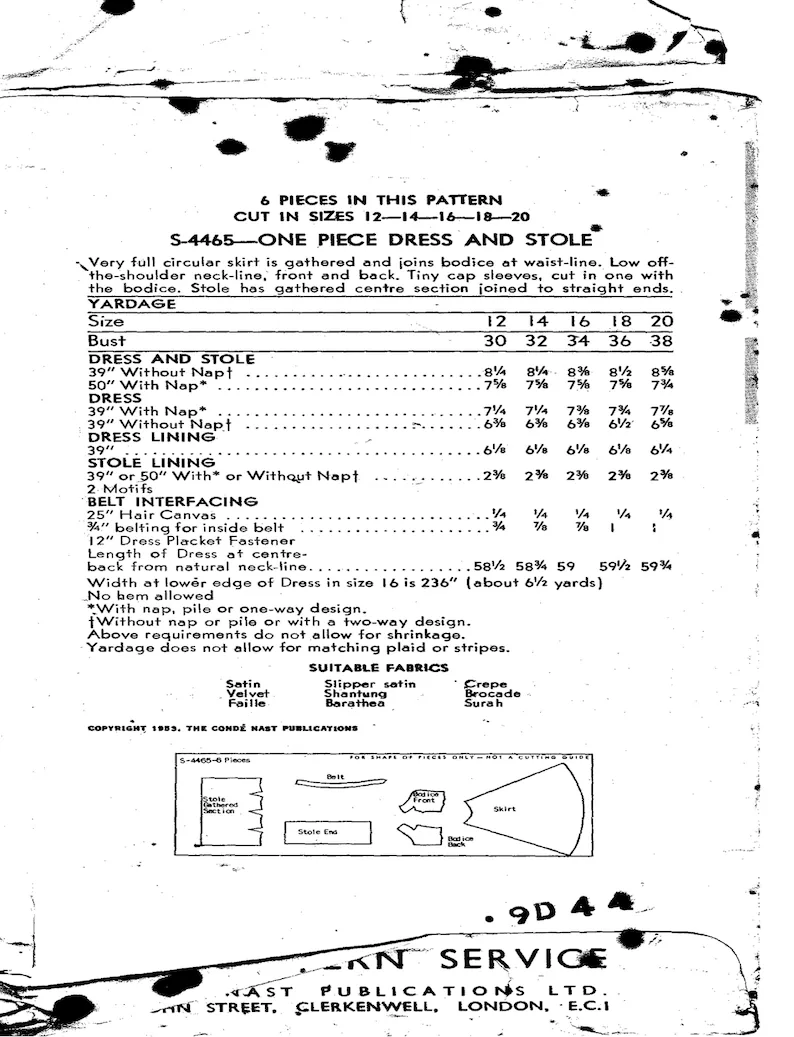 Vogue Vintage Reproduction Pattern Vogue # S 4465 Circa 1953