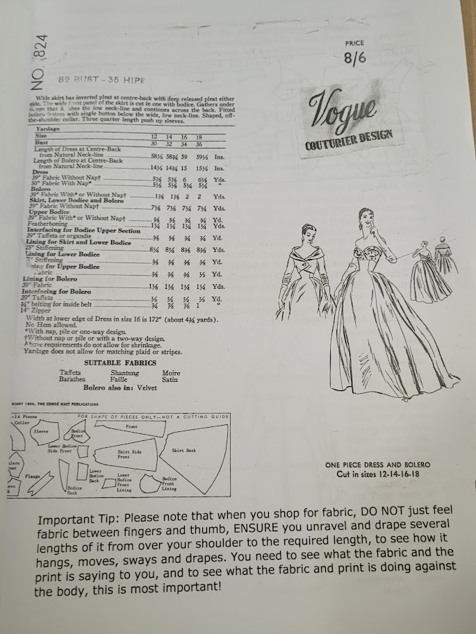 Vogue Couturier Design Pattern # 1365 1954 Reproduction Pattern