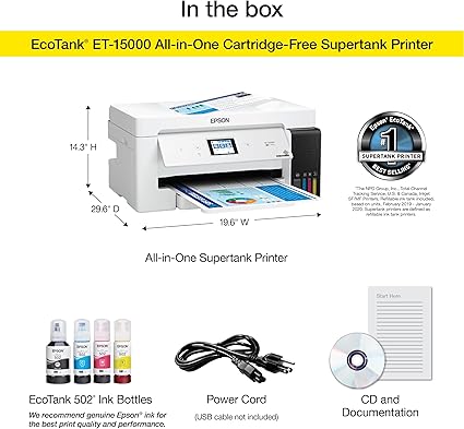 Epson EcoTank ET-15000 Wireless Color All-in-One Supertank Printer with Scanner, Copier, Fax, Ethernet, and Printing up to 13 x 19 Inches, White