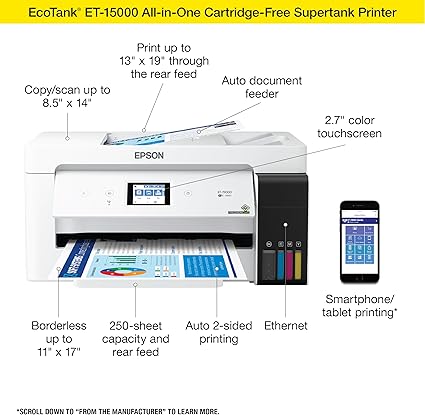 Epson EcoTank ET-15000 Wireless Color All-in-One Supertank Printer with Scanner, Copier, Fax, Ethernet, and Printing up to 13 x 19 Inches, White