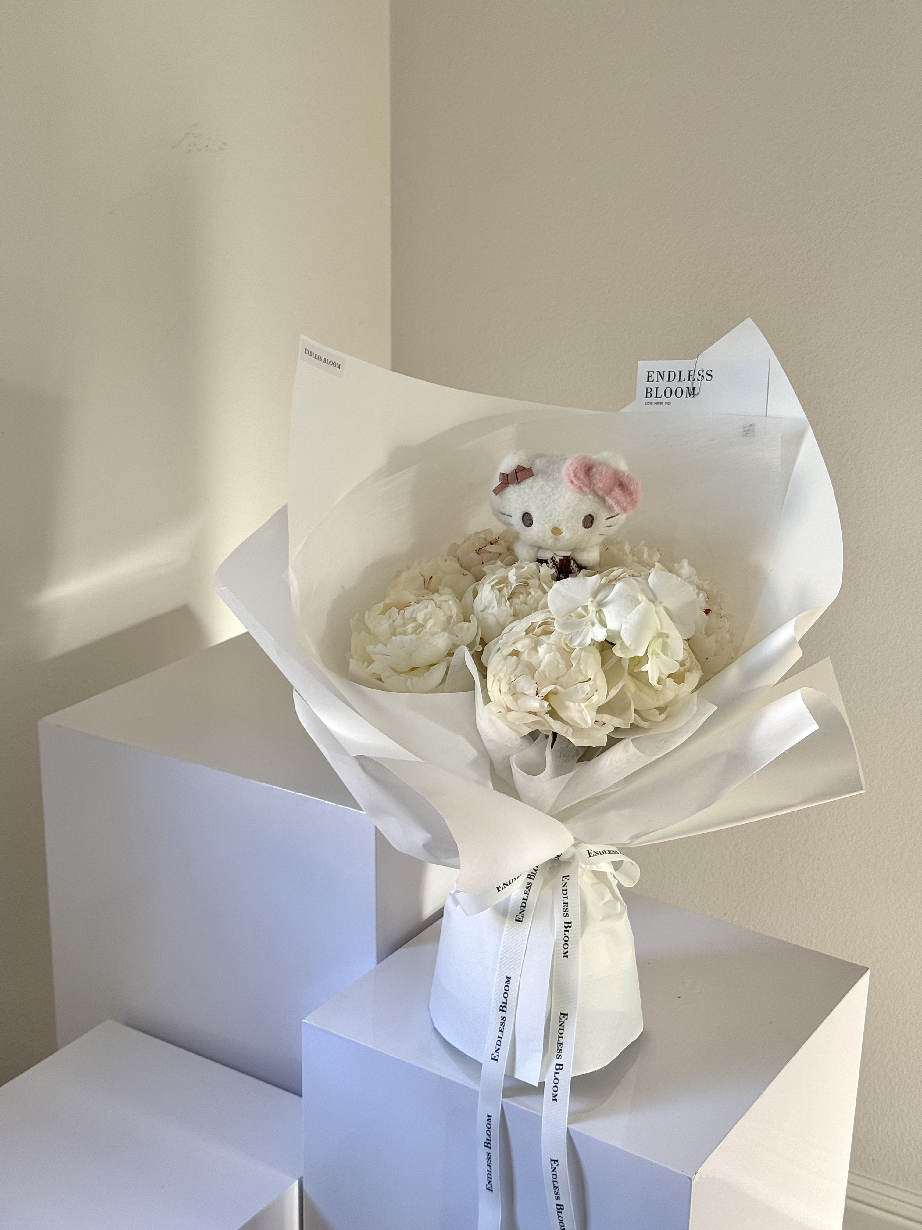 10 White Peonies Bouquet with Hello Kitty Plush 10枝芍药花束（含KT）