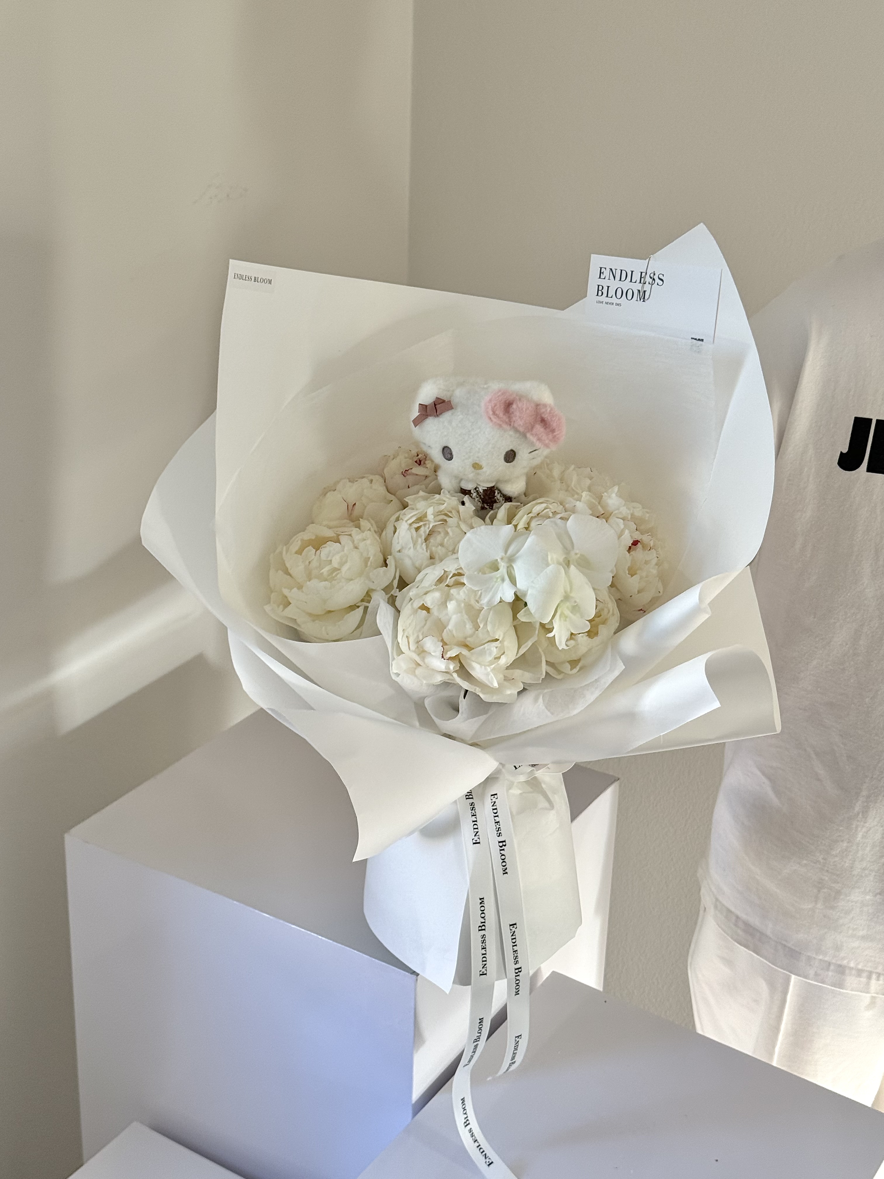 10 White Peonies Bouquet with Hello Kitty Plush 10枝芍药花束（含KT）