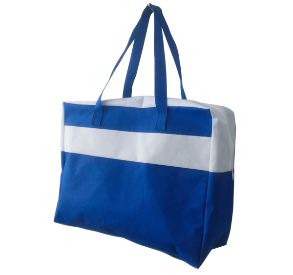 Cheap Blue and White Non Woven Tote Zipper Bag