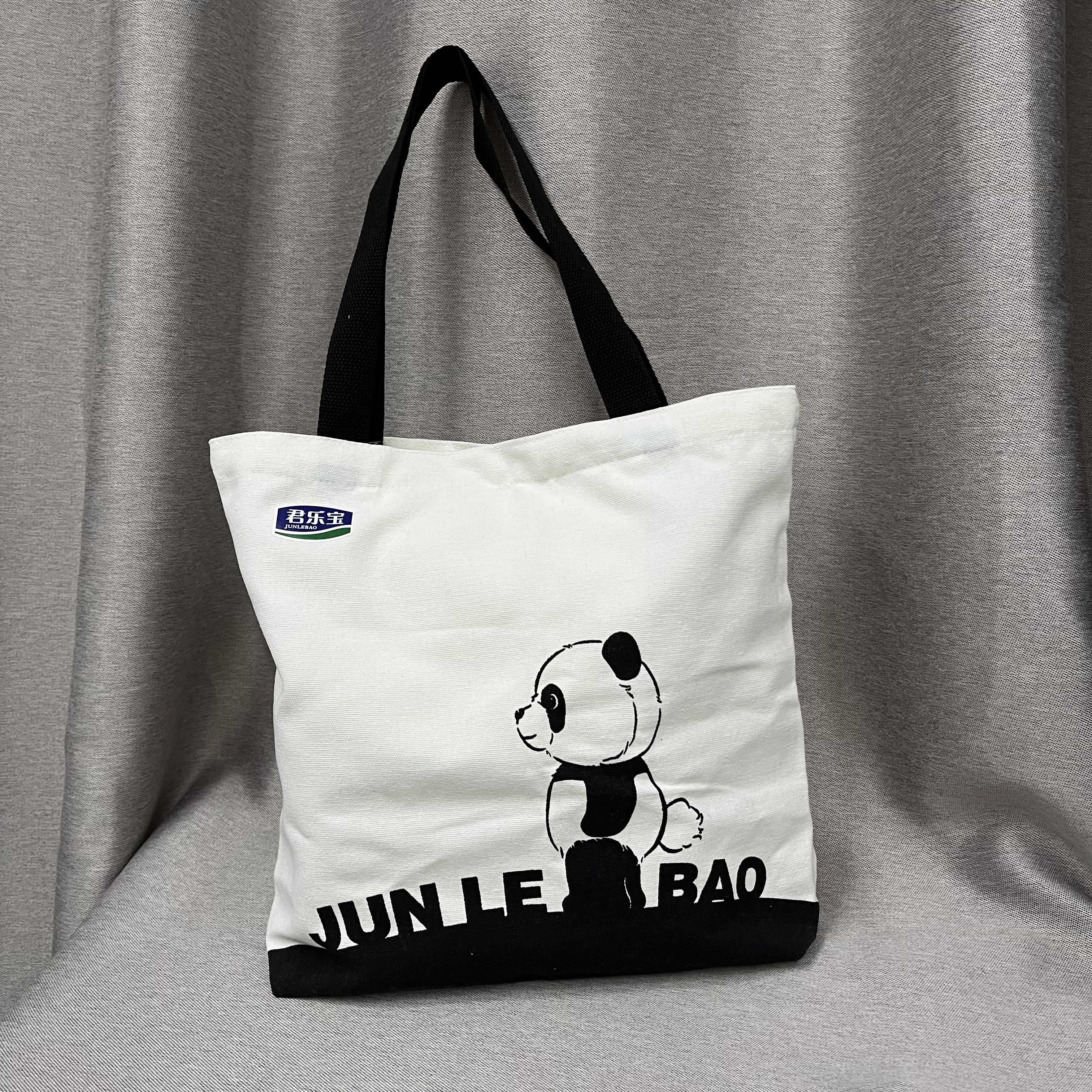 White Canvas Tote Bag With Panda Logo by Silk Screen Printing