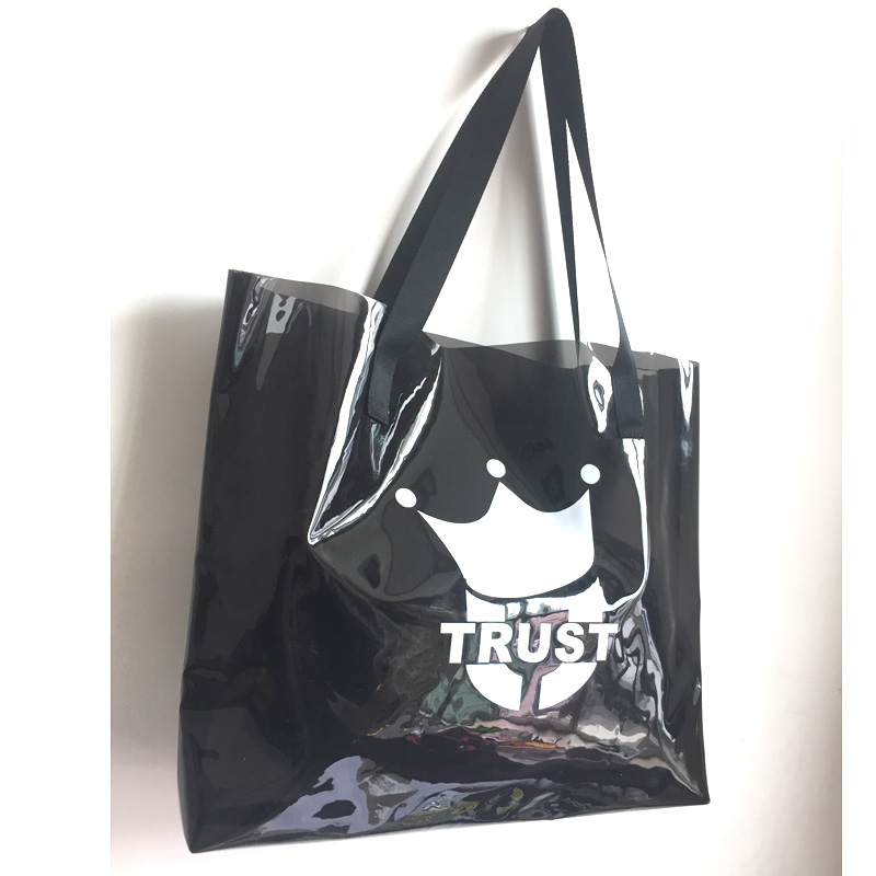 Black Clear Tote Bag 0.30mm PVC with Fabric Handle 48x36x10cm