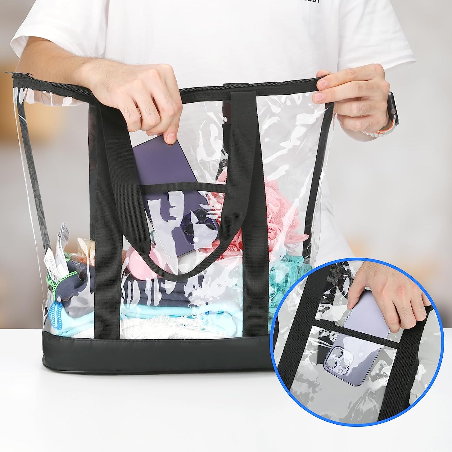Waterproof Clear Tote Bag 48x35x15cm 3.8x55cm Handle size with Pocket In Front Zipper Closure