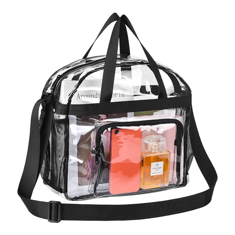 Clear Tote Bag 12x12x6 Inch for Stadium Sports Carry with Movable Shoulder Strap Both Side Net Pocket