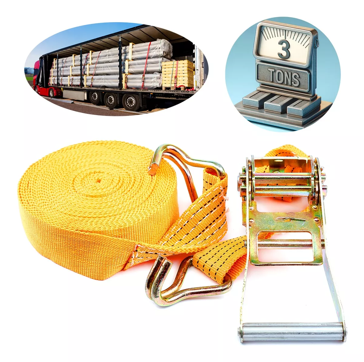 Kit de trinquete + cinta de amarre, capacidad de 3 toneladas, 10 metros de largo (naranja).