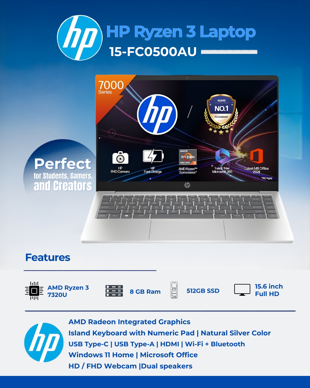 HP Ryzen 3 Laptop 15-FC0500AU