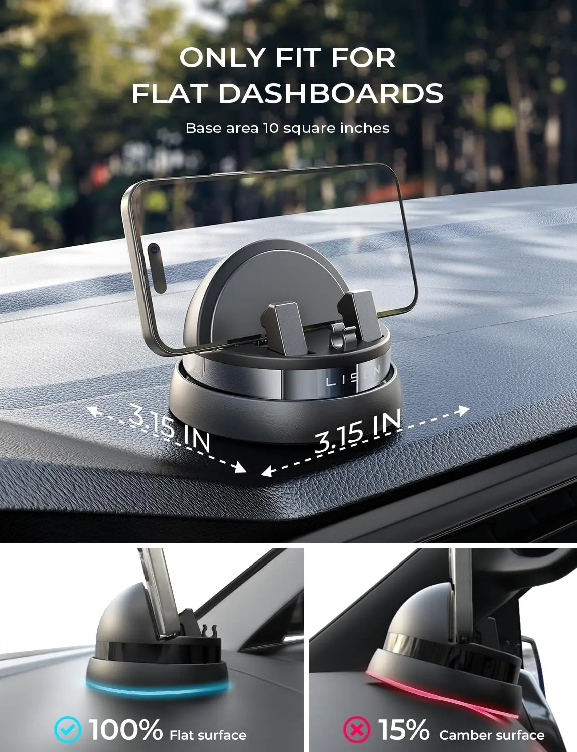 LISEN Car Phone Holder Dashboard, Anti-slip & Ultra Stable Mobile Phone Holder for Cars with Silicone Pad, 360° Rotation Universal Dash Phone Mount for iPhone 16 15 Pro Max, Samsung, Smartphones