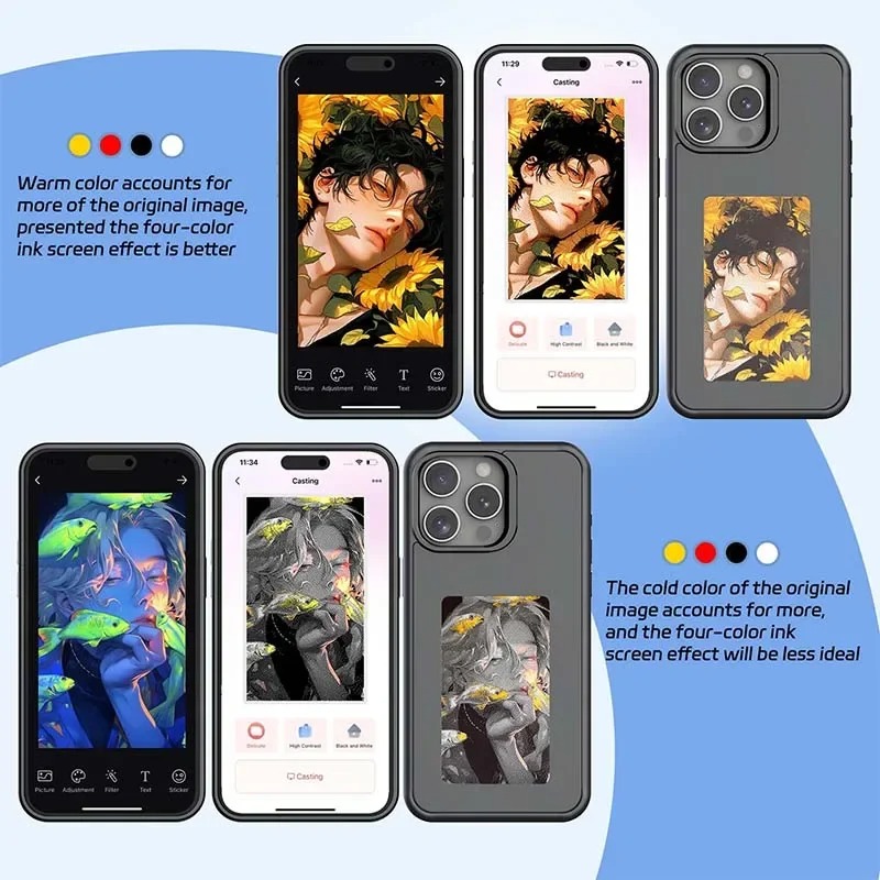 Smart phone NFC Screen Phone Case For iPhone 16 15 14 13 Pro Max 4-Color E-ink Phone Covers Anime Cartoon Grill Ceace For Funda