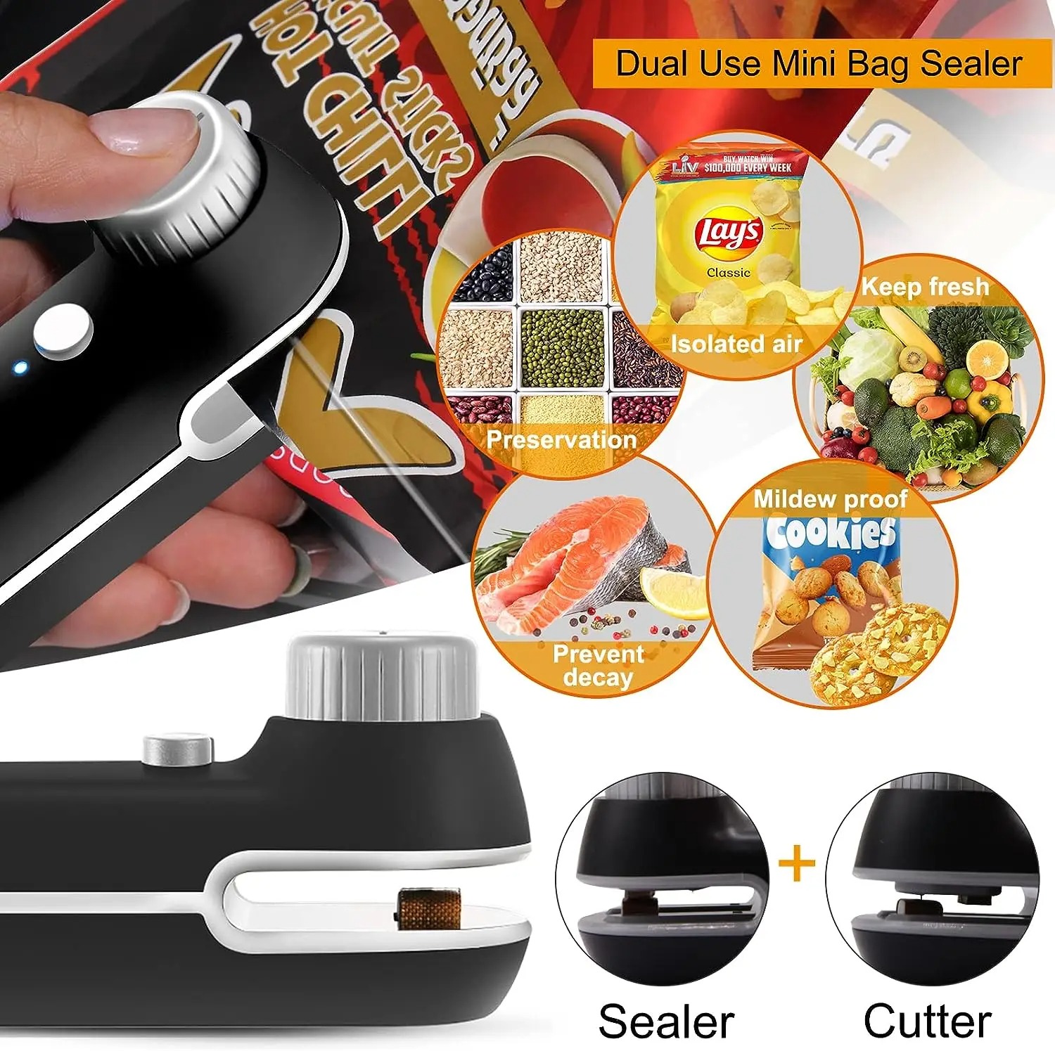 Mini Bag Sealer,2 in 1 Heat Sealer & Cutter Mini Portable Sealing Machine for Chip Bags Plastic Bag Food Storage Snack Cookies Fresh