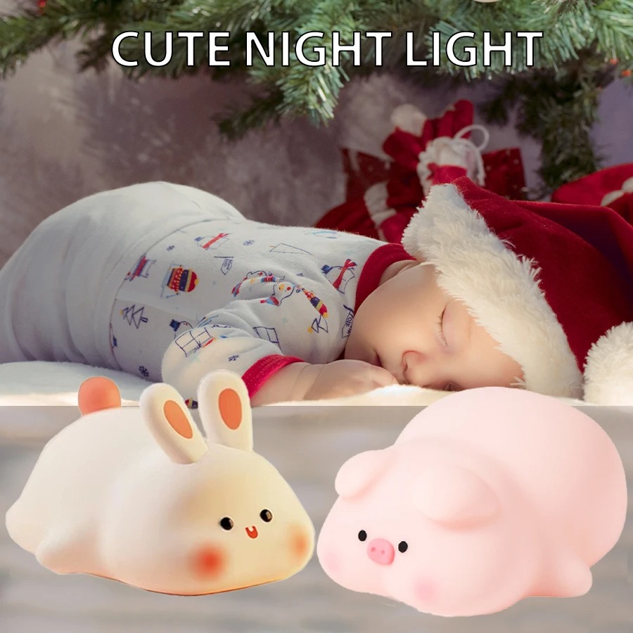 Piggy Bunny Night Light Led Table Lamp for Baby Nursery Room Décor Bedroom Bedside Rechargeable Dimmable Silicone Nightlight