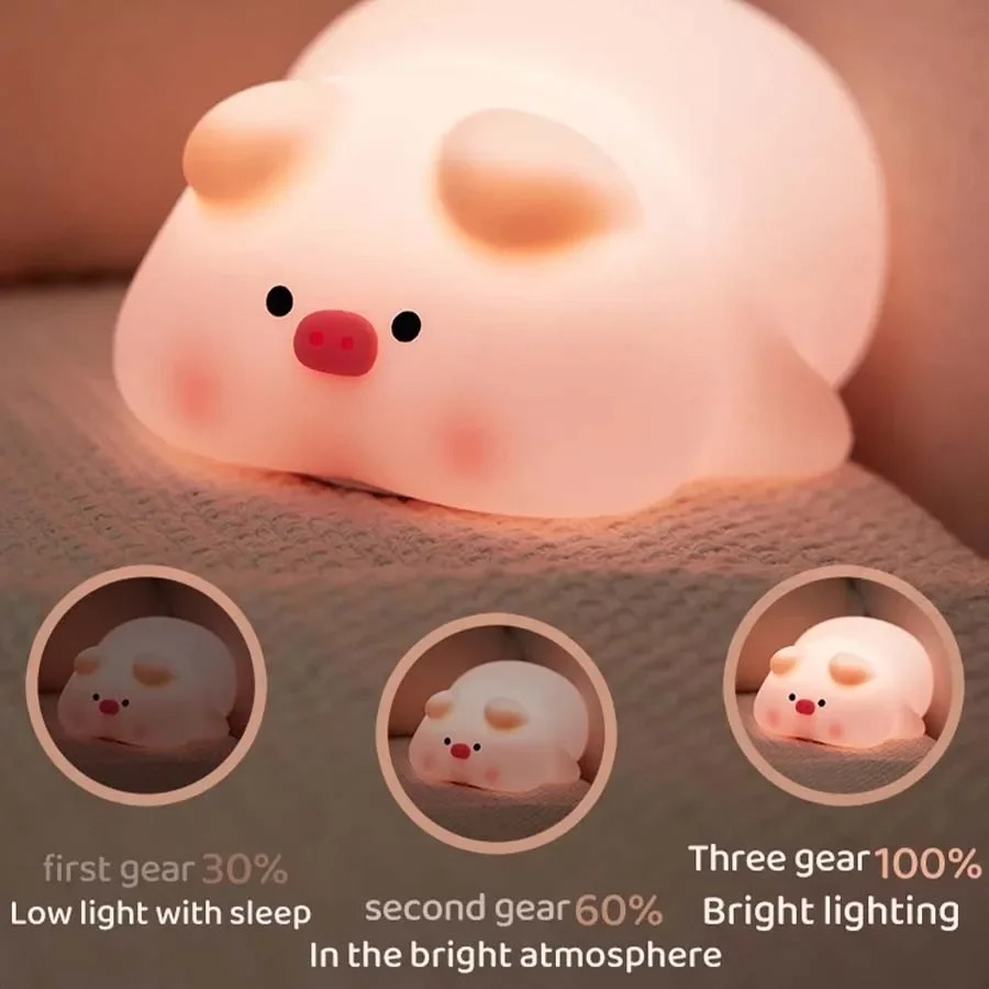 Piggy Bunny Night Light Led Table Lamp for Baby Nursery Room Décor Bedroom Bedside Rechargeable Dimmable Silicone Nightlight