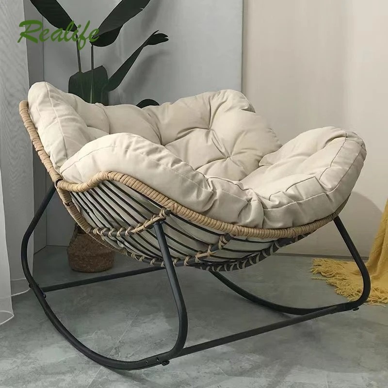 Outdoor Rocking Chair, Patio Wicker Egg Chair, Indoor & Outdoor Comfy Oversized Lounge Chair with Padded Cushion, Reading Chairs Rattan Rocker for Front Porch, Garden, Patio