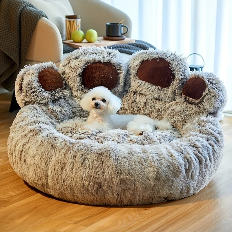 Cute Dog Bed, Fluffy Cozy Bear Paw Shape Plush Round Cat Bed for Small, Medium Dogs Large Cats