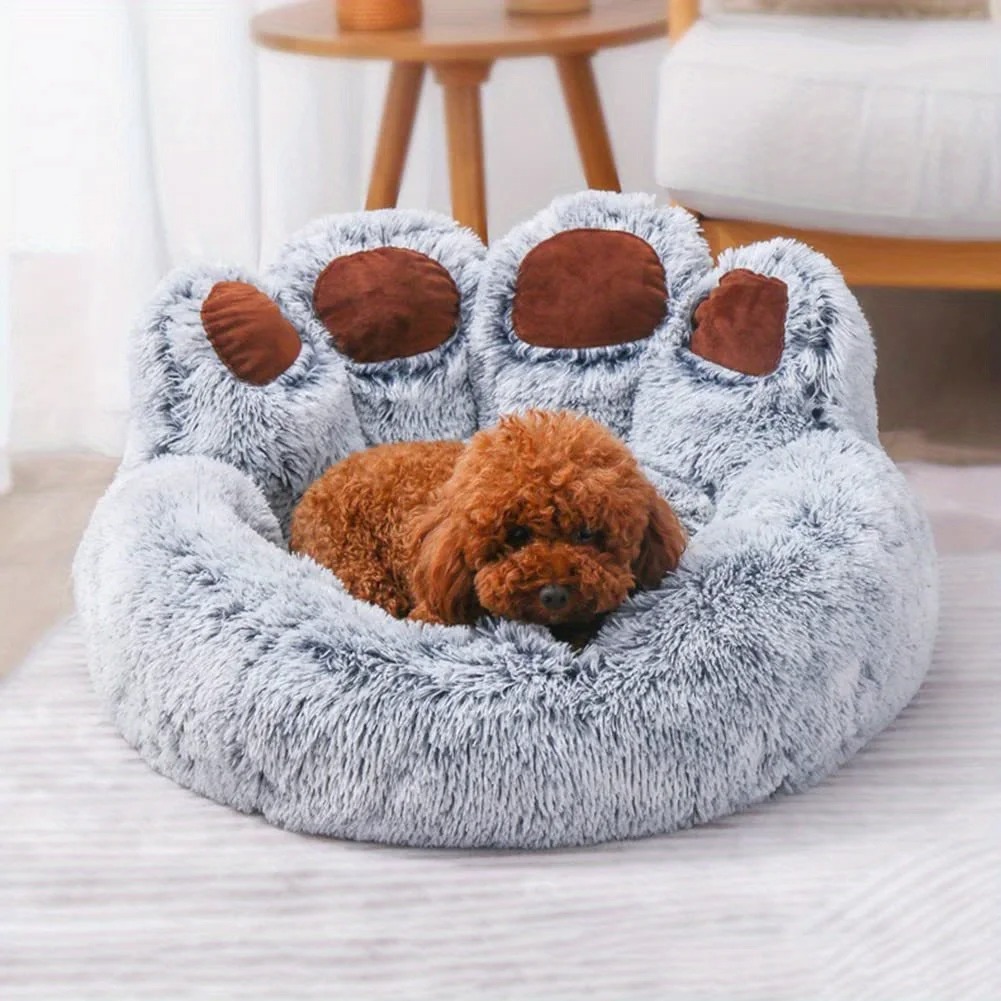 Cute Dog Bed, Fluffy Cozy Bear Paw Shape Plush Round Cat Bed for Small, Medium Dogs Large Cats
