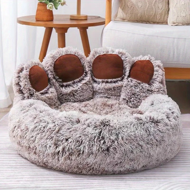 Cute Dog Bed, Fluffy Cozy Bear Paw Shape Plush Round Cat Bed for Small, Medium Dogs Large Cats
