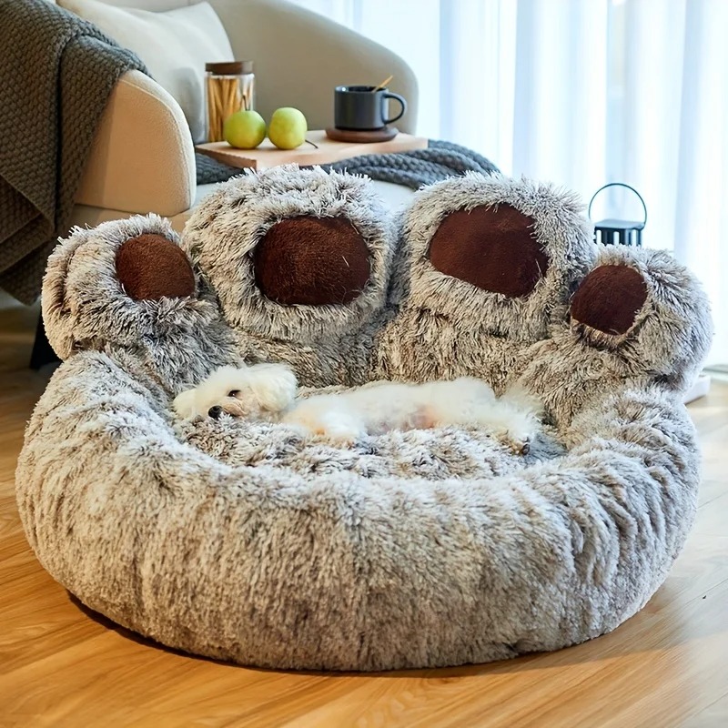 Cute Dog Bed, Fluffy Cozy Bear Paw Shape Plush Round Cat Bed for Small, Medium Dogs Large Cats