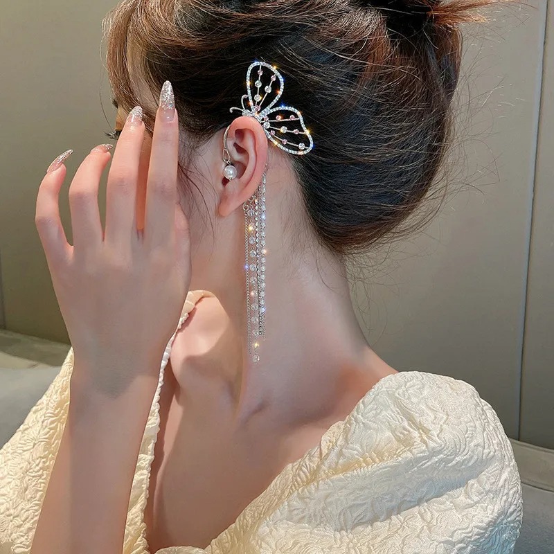 Butterfly Ear Clip, Wrap Butterfly Flowers Tassel Long Ear Cuff Earrings Jewelry Gifts for Women Girls