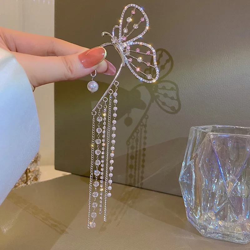 Butterfly Ear Clip, Wrap Butterfly Flowers Tassel Long Ear Cuff Earrings Jewelry Gifts for Women Girls